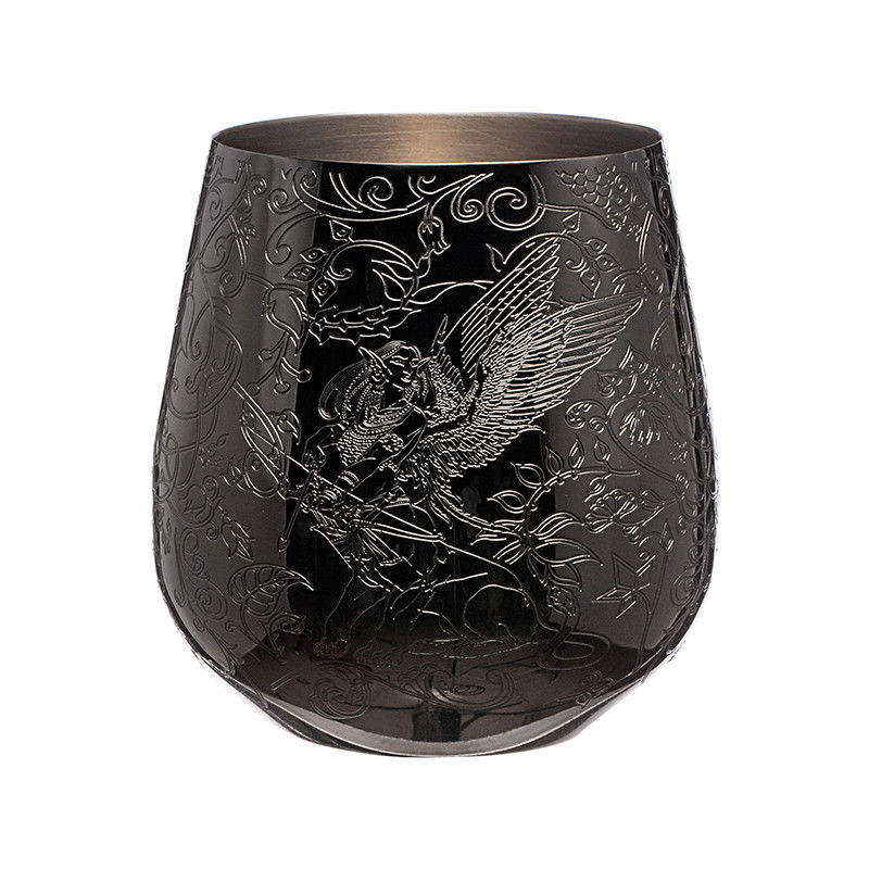 Elegant mur unique noir en acier inoxydable verre de vin en forme d'œuf gravé avec un dessin de fée et de château