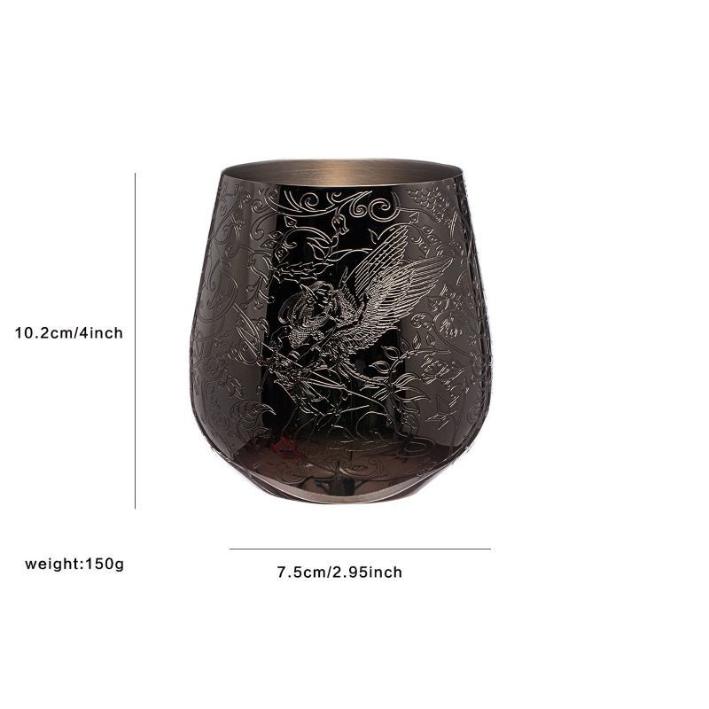 Elegant mur unique noir en acier inoxydable verre de vin en forme d'œuf gravé avec un dessin de fée et de château